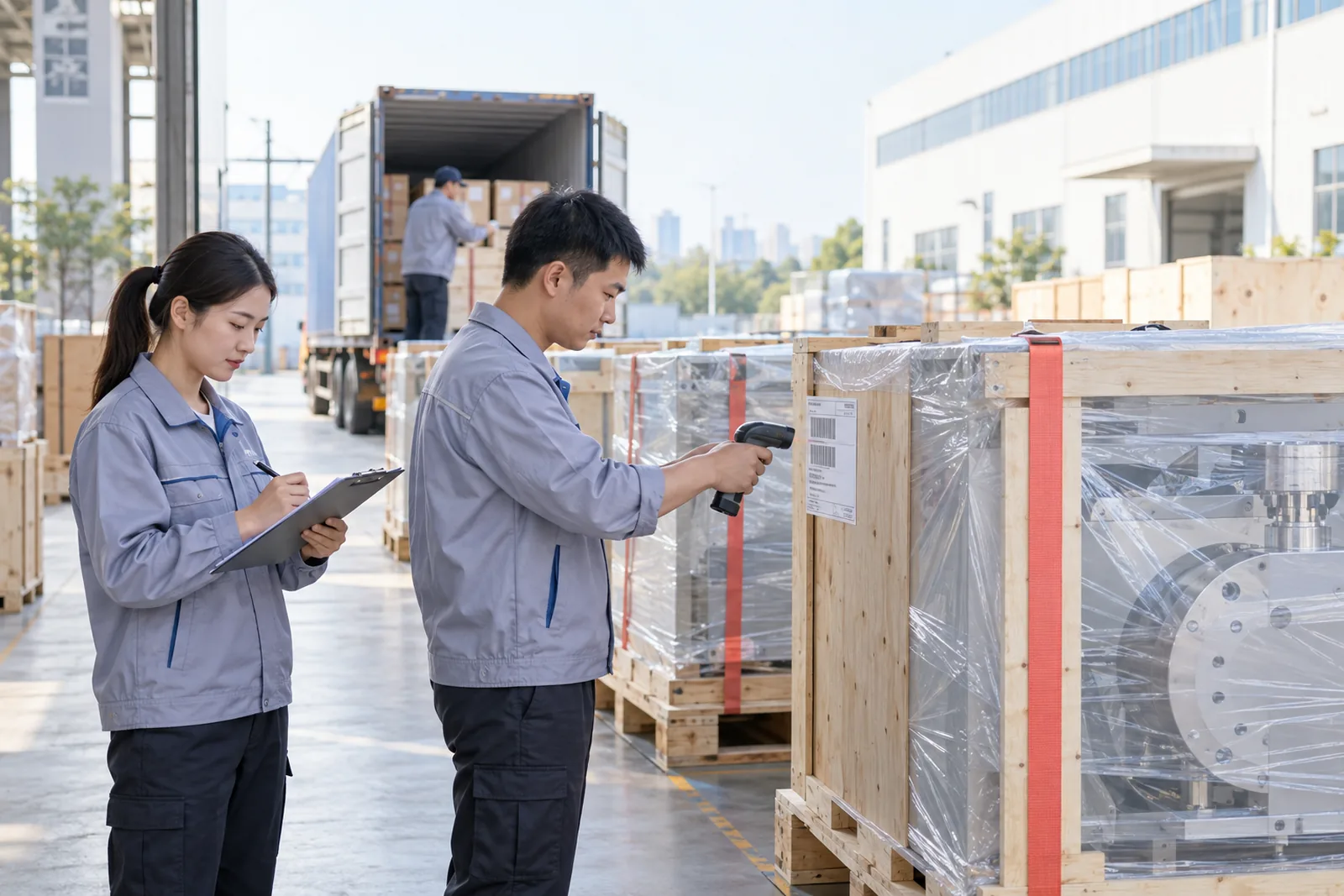 Illustrative shipment-readiness check beside protected industrial equipment and an open container.