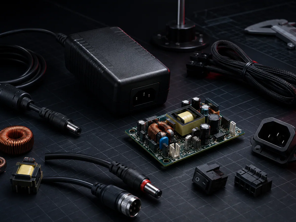 Illustrative electronics and power product composition with unbranded components and test equipment.