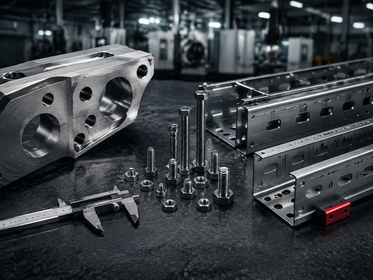 Illustrative industrial and mechanical component inspection scene with metal parts and drawings.