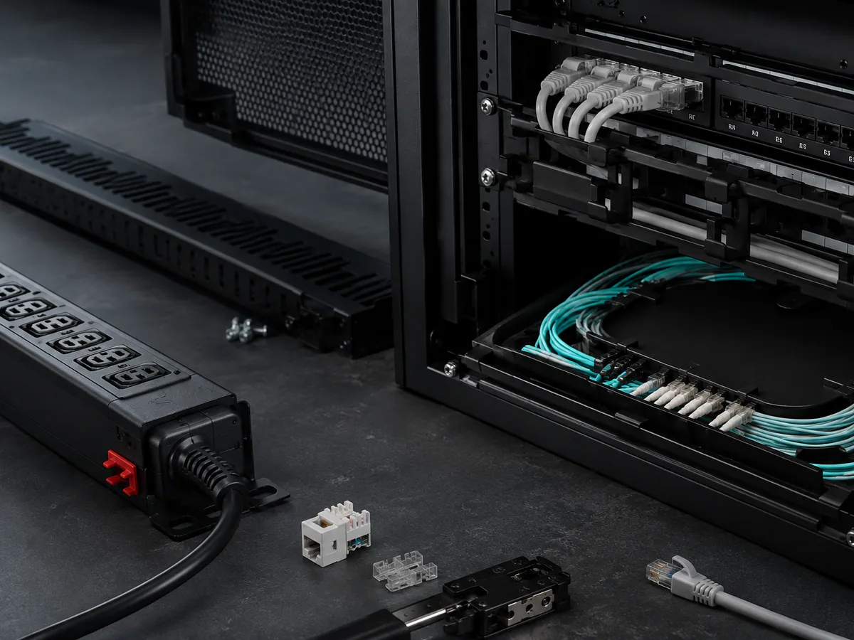 Illustrative networking and telecom equipment composition with cabinets, cabling, and components.