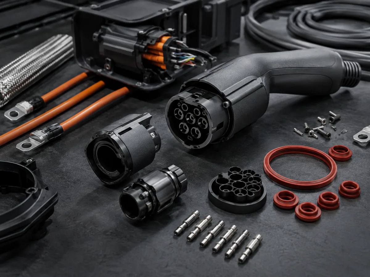 Illustrative new-energy component composition with an EV connector, power cabling, and assembly details.