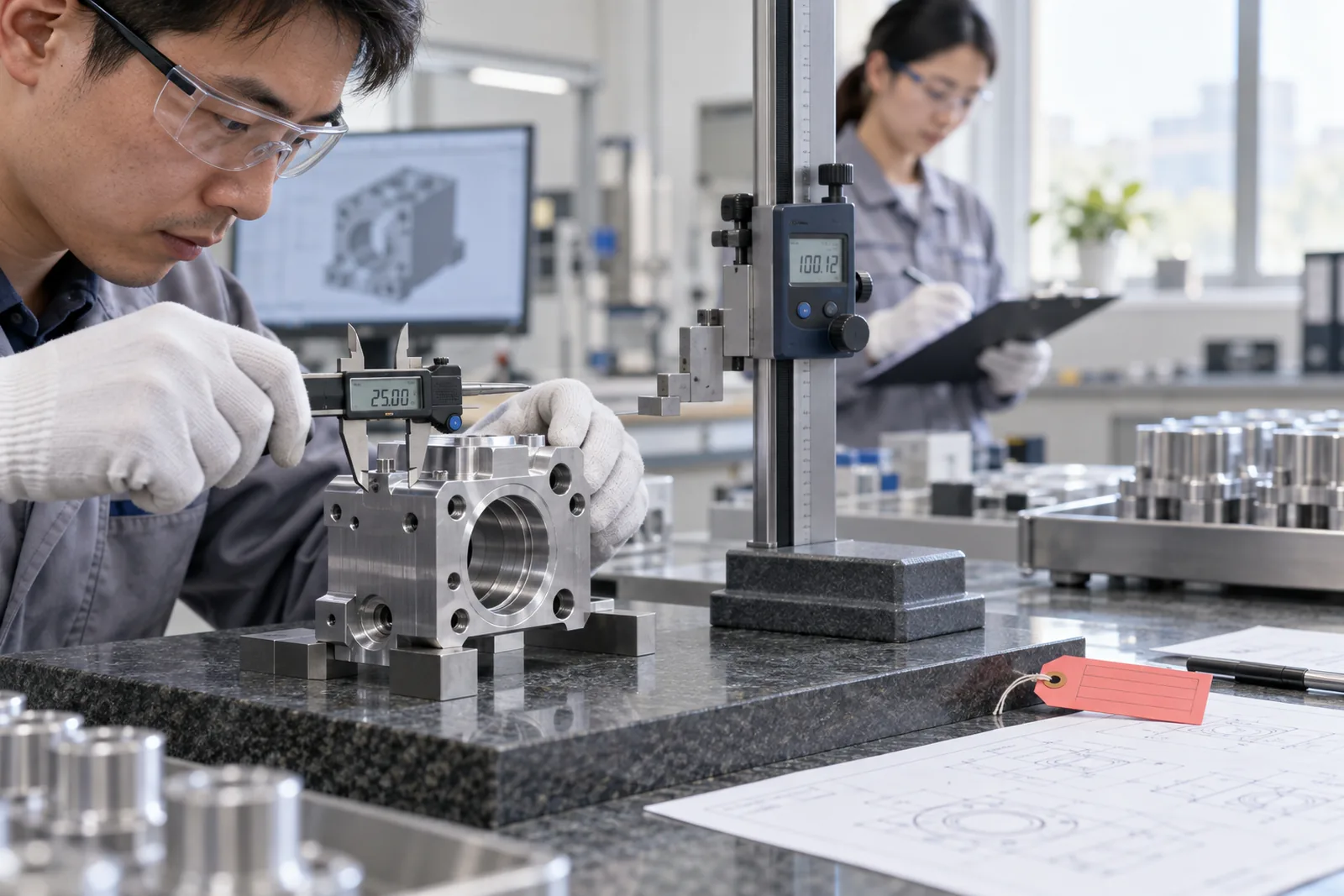 Illustrative dimensional inspection of a machined component using digital measuring equipment.
