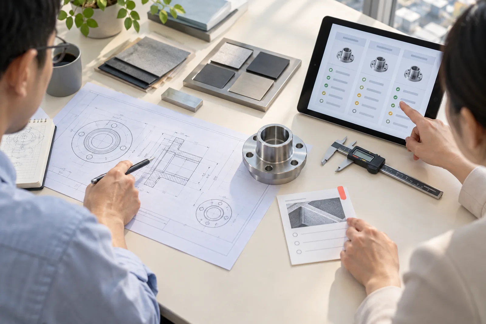 Illustrative requirements review with a drawing, material samples, a machined component, and a comparison interface.
