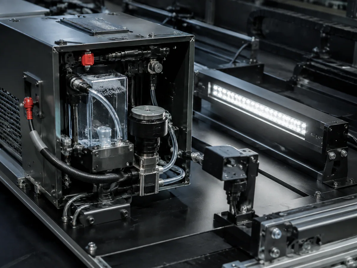 Illustrative specialized industrial equipment assembly with unbranded modules and controls.